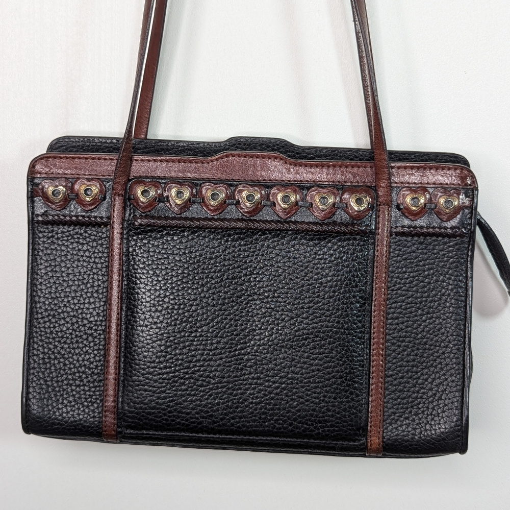 Brighton Leather Shoulder Bag Black Brown Organizer Purse Hearts Accent Zipper